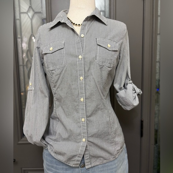 Tommy Hilfiger Women’s Black Pin Striped Long Sleeve Button Front | Size M - Picture 2 of 9